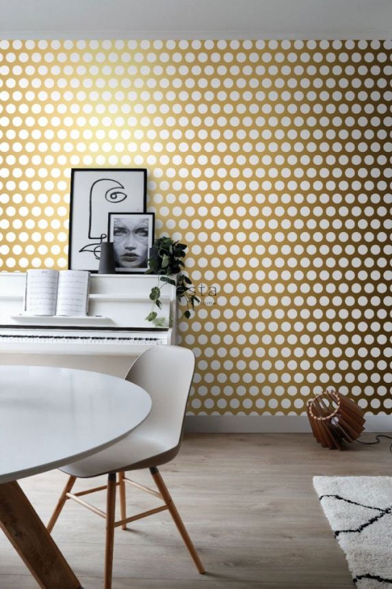 Golden non-woven wallpaper with white polka dots 139116, Black & White, Esta
