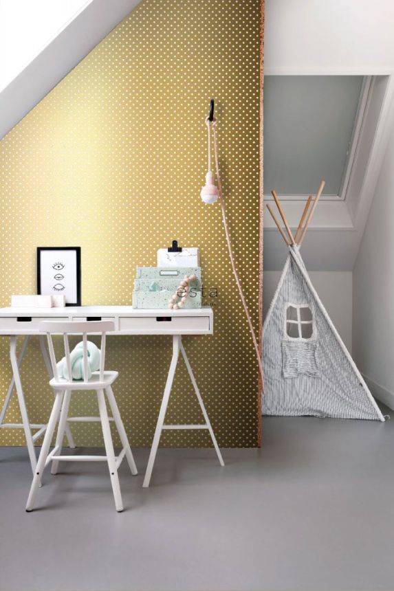 Golden non-woven wallpaper with white polka dots 139114, Black & White, Esta