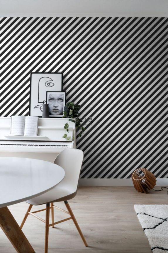 Black and white oblique stripes wallpaper 139112, Black & White, Esta