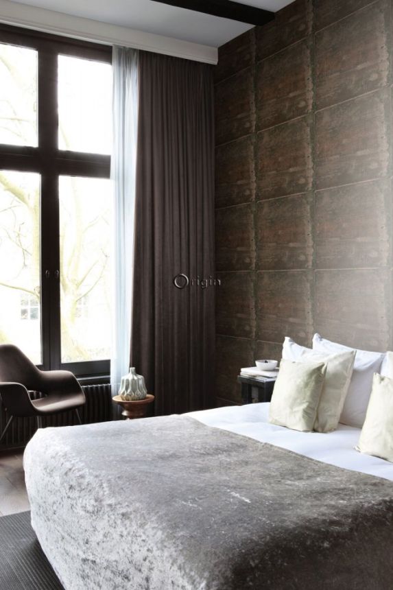Non-woven metallic brown wallpaper, imitation of metal plates with rivets 337231, Matières - Metal, Origin