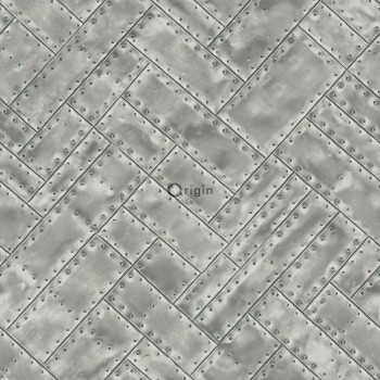Non-woven wallpaper, imitation of gray-silver metal plates with rivets 337243, Matières - Metal, Origin
