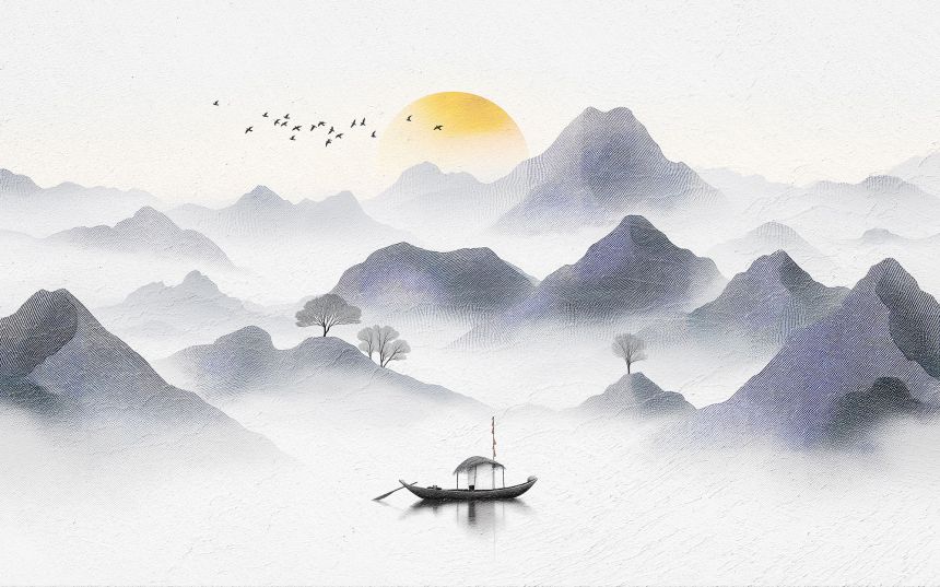 Custom wall murals, Chinese landscape painting, boat, 10252, Vavex