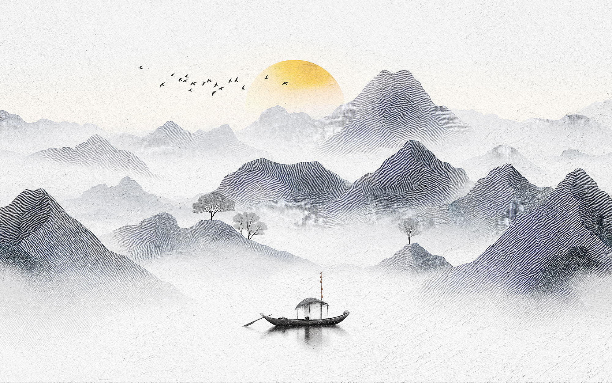 Custom wall murals, Chinese landscape painting, boat, 10252, Vavex