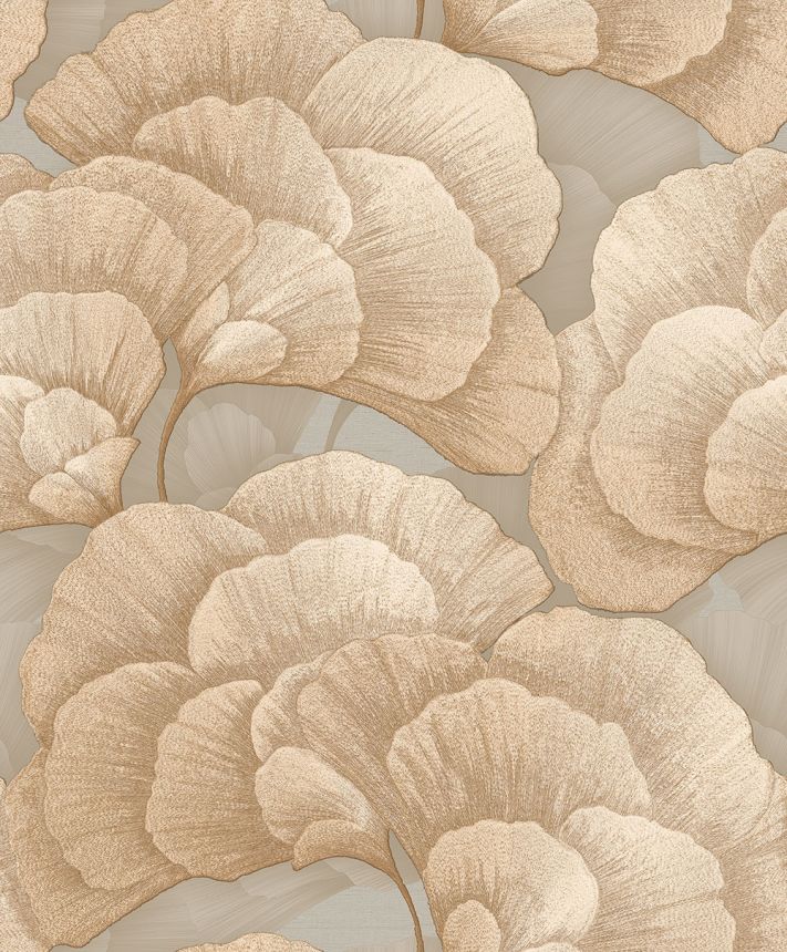 Ginkgo Leaf Wallpaper, Grey-Beige, Gold, RE521014, Renaissance, Design ID