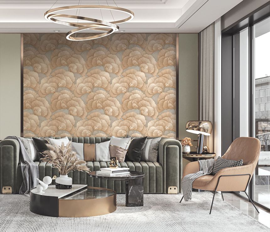 Ginkgo Leaf Wallpaper, Grey-Beige, Gold, RE521014, Renaissance, Design ID