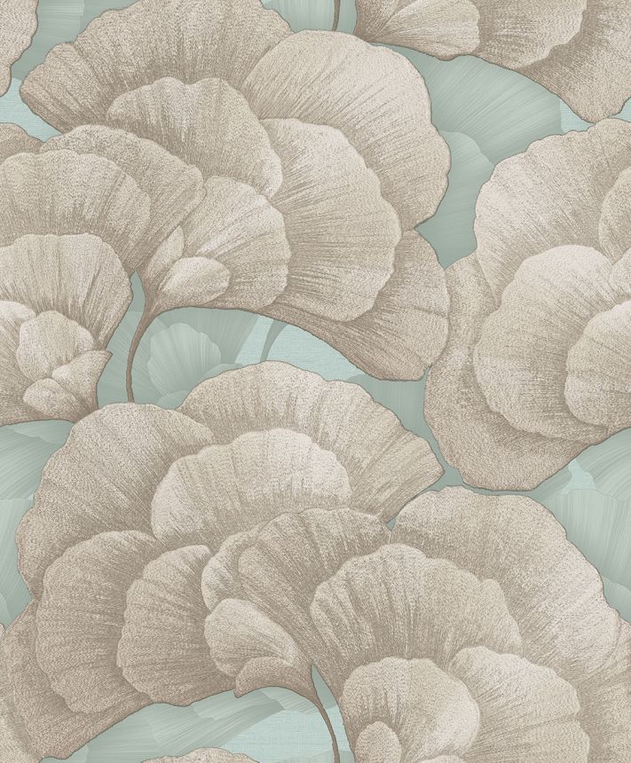 Ginkgo Leaf Wallpaper, Turquoise, Gold, RE521015, Renaissance, Design ID