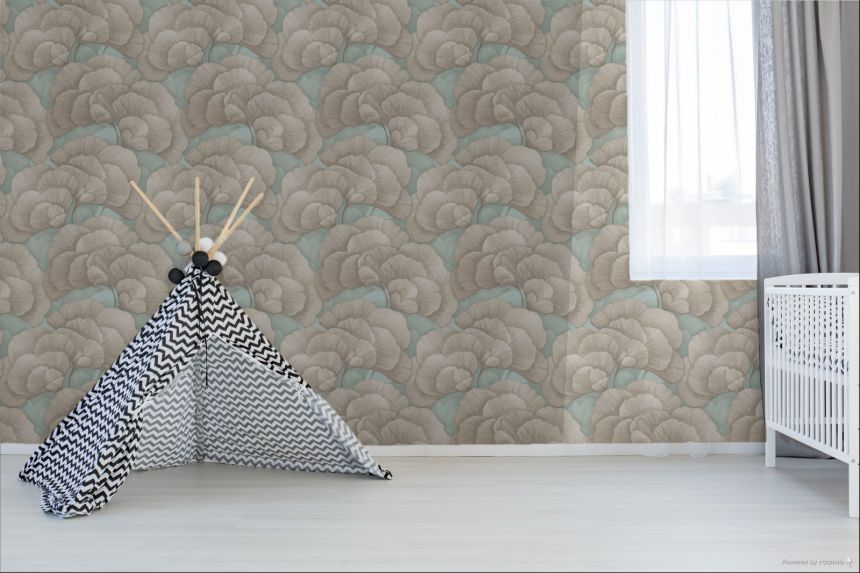 Ginkgo Leaf Wallpaper, Turquoise, Gold, RE521015, Renaissance, Design ID