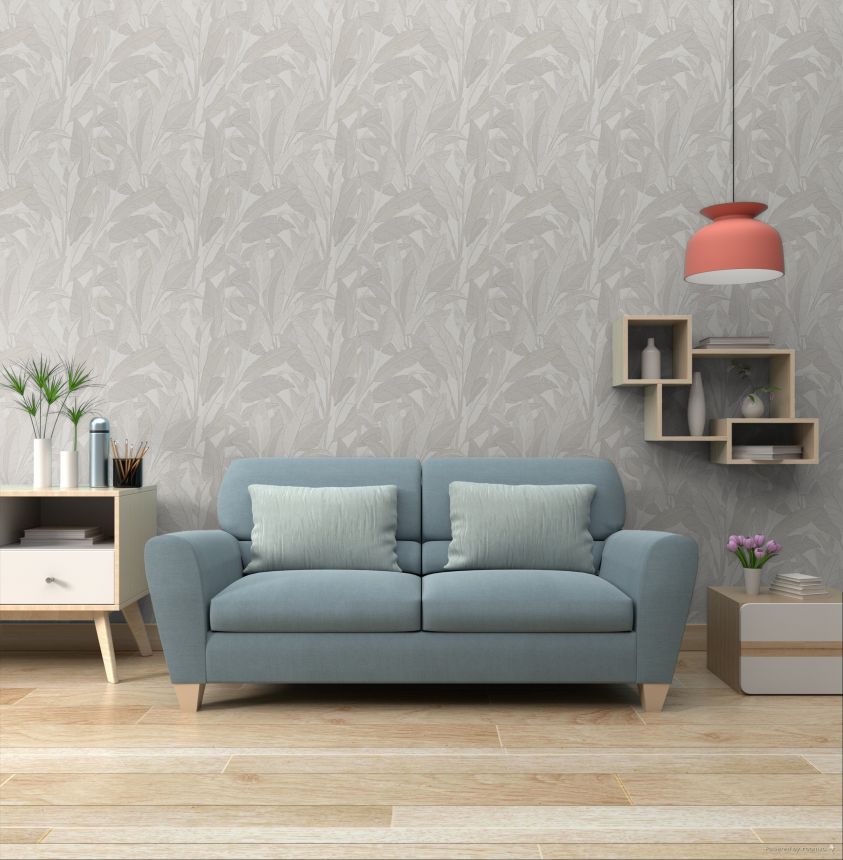 Leaf Wallpaper, White, Grey-Silver, RE521051, Renaissance, Design ID