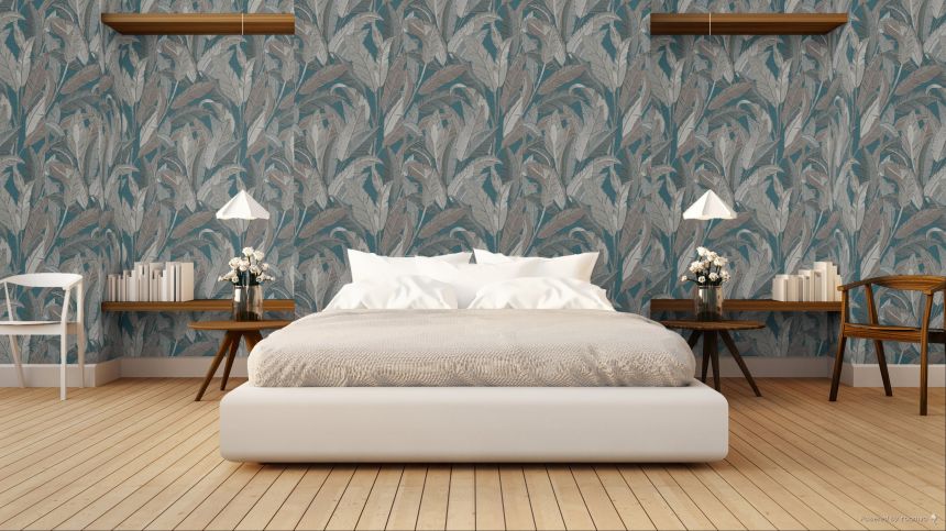 Leaf Wallpaper, Petrol Blue, Grey, RE521056, Renaissance, Design ID