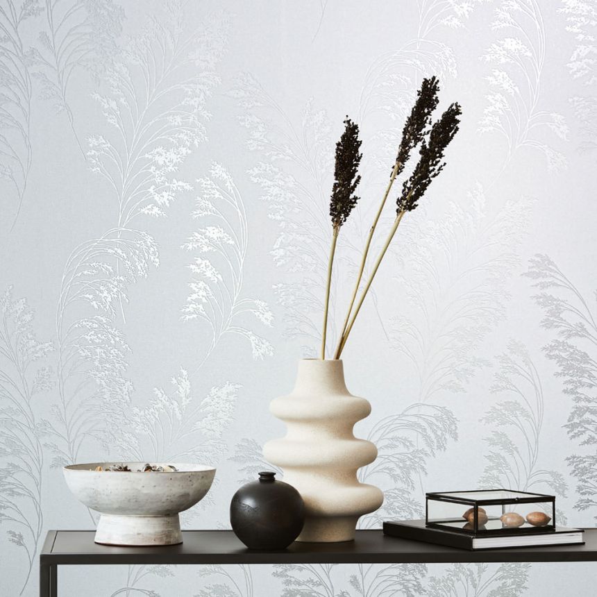 Non-woven wallpaper, white-gray, silver, Flowers, Leaves, S 82342, Bestseller Basic 1, Marburg