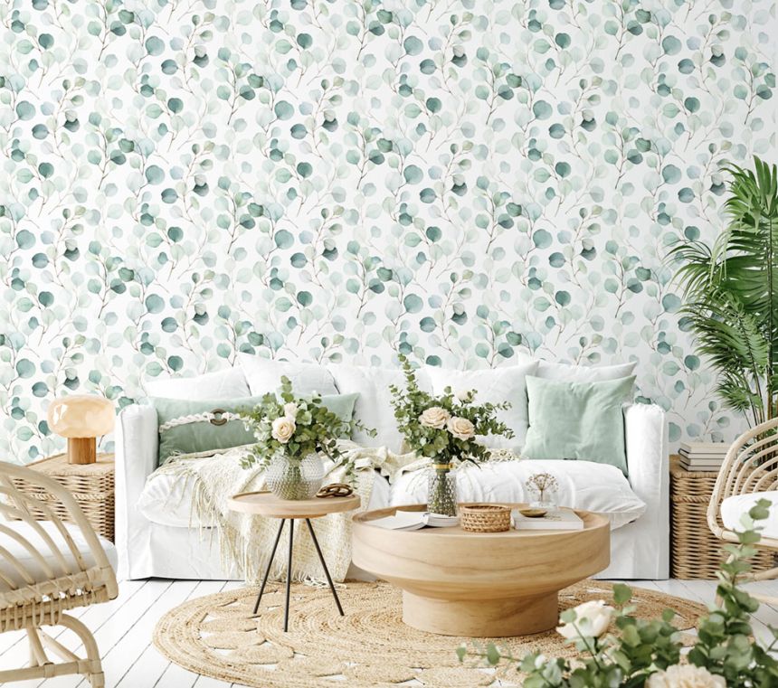 Non-woven wallpaper, green, white, Leaves, S 47420, Wohndesign 2026, Marburg