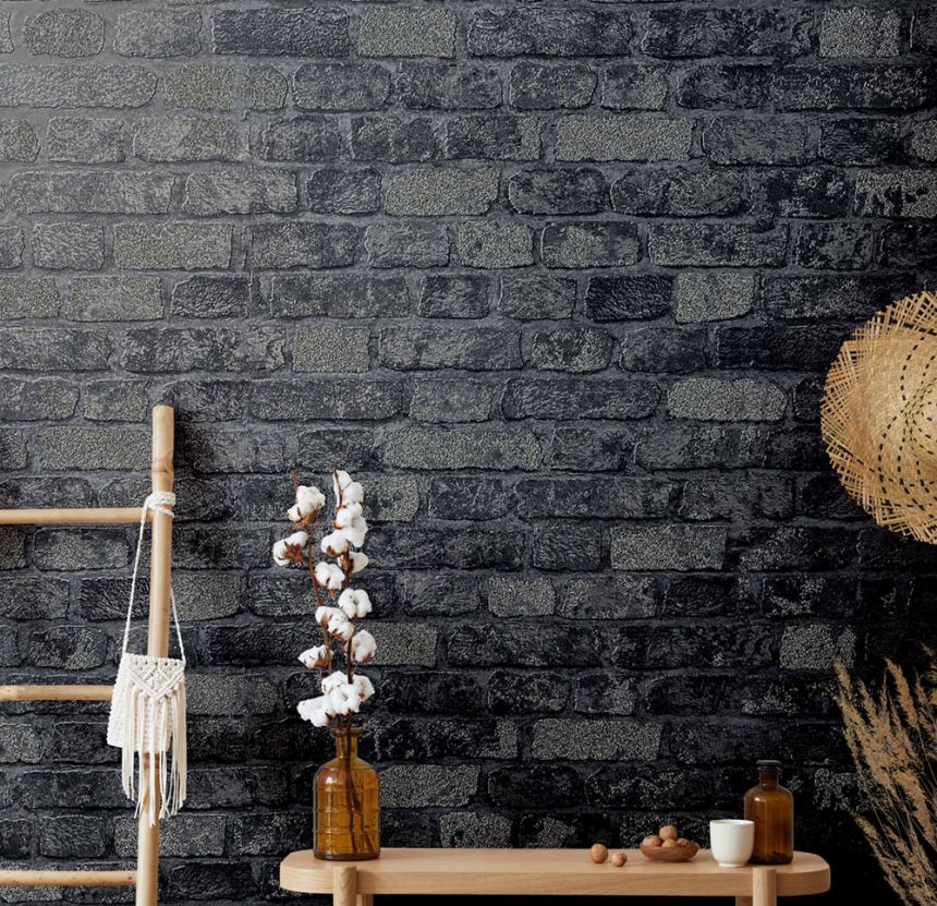 Wallpaper with a brick wall design, black, gray, S 58423, Pia, Novamur