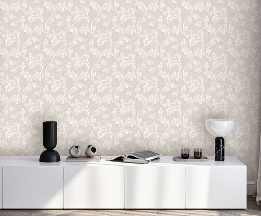 Non-woven wallpaper, white and gray, leaves, Z40007, Tradizione Italiana 3, Zambaiti Parati