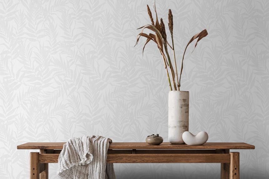 Leaf-Patterned Wallpaper, White, 82589, Pia, Novamur