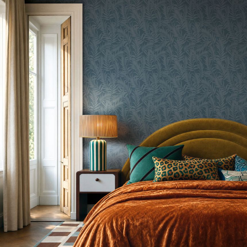 Leaf-Patterned Wallpaper, Blue, 82592, Pia, Novamur
