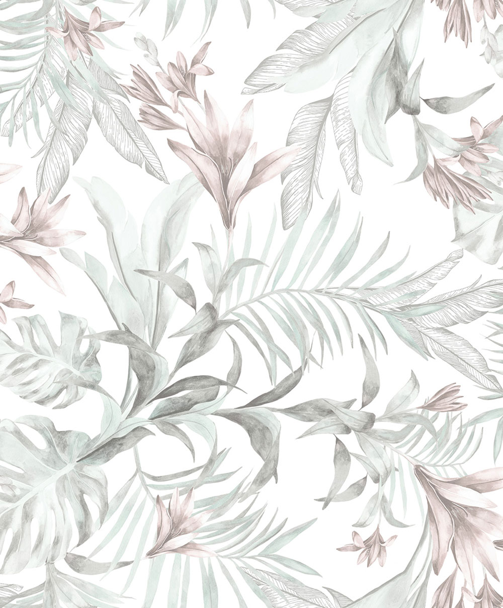 Wallpaper with leaves and flowers, gray, pink, 89051, Pia, Novamur