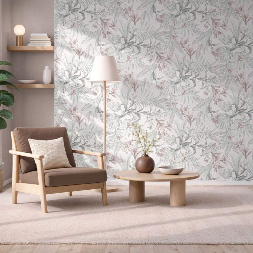 Wallpaper with leaves and flowers, gray, pink, 89051, Pia, Novamur
