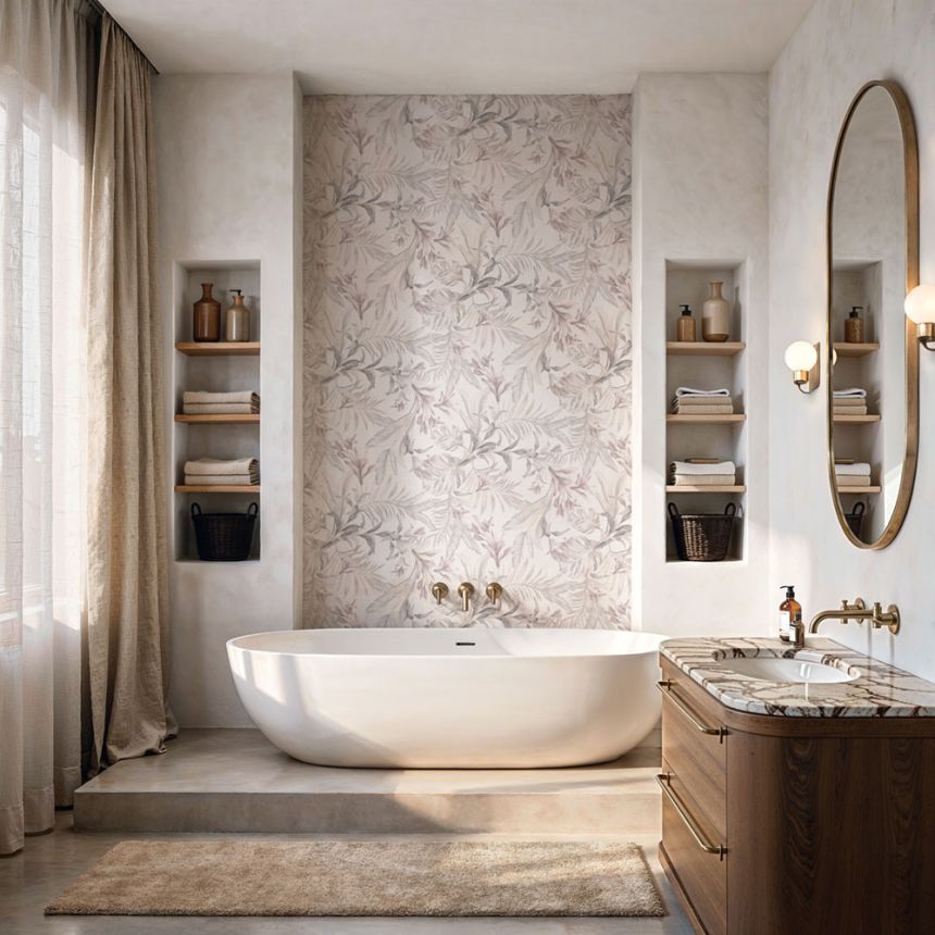 Wallpaper with leaves and flowers, beige, brown, 89052, Pia, Novamur