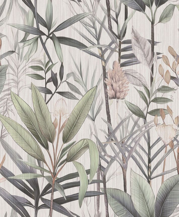 Wallpaper with plants and leaves, green, gray, 89063, Pia, Novamur