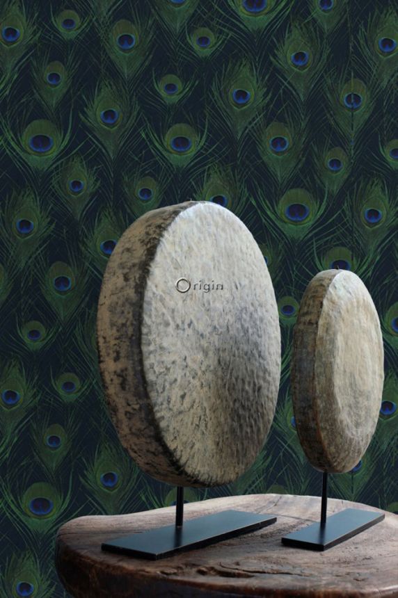 Blue non-woven wallpaper with peacock feathers 347766, Luxury Skins, Origin