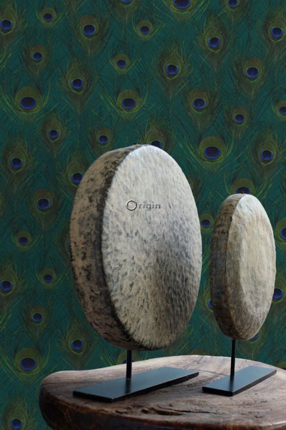 Non-woven wallpaper green with peacock feathers 347764, Luxury Skins, Origin