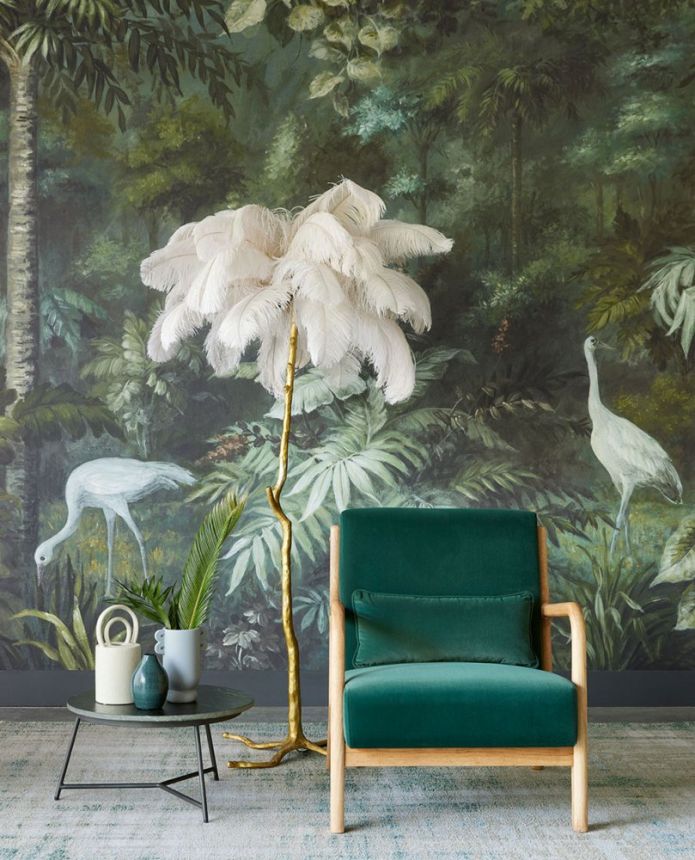 Non-woven wall mural Tropical forest, palm trees, leaves, birds 317408, 318 x 280 cm, Oasis, Eijffinger