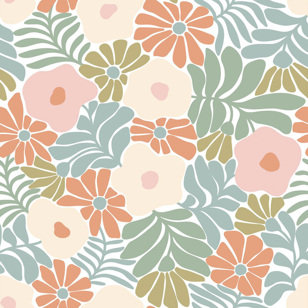 Wallpaper with flowers and leaves, gray-blue, orange, 131004, Color Pop, Esta Home