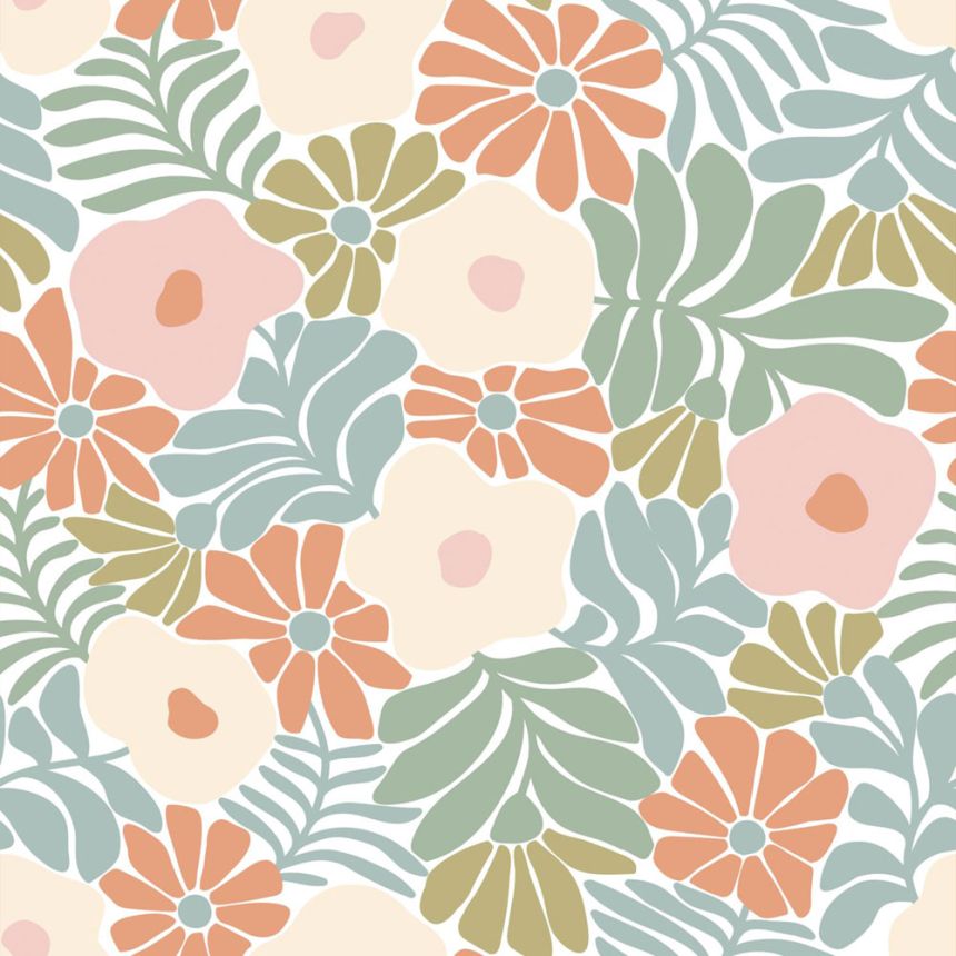 Wallpaper with flowers and leaves, gray-blue, orange, 131004, Color Pop, Esta Home