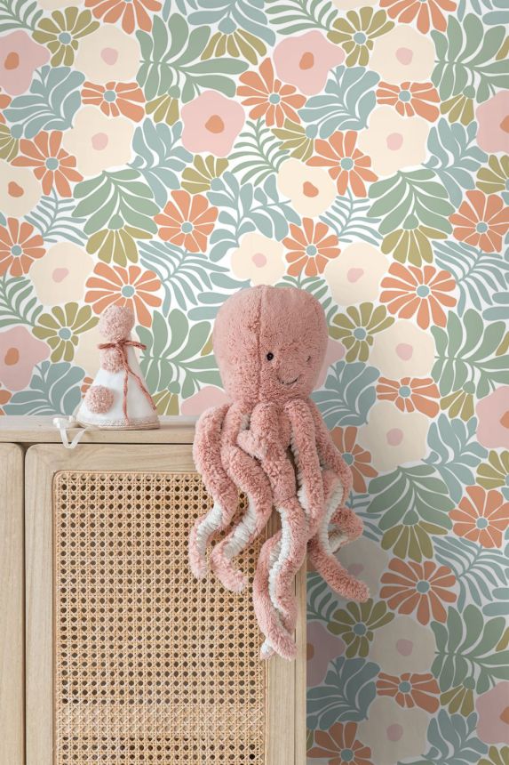 Wallpaper with flowers and leaves, gray-blue, orange, 131004, Color Pop, Esta Home
