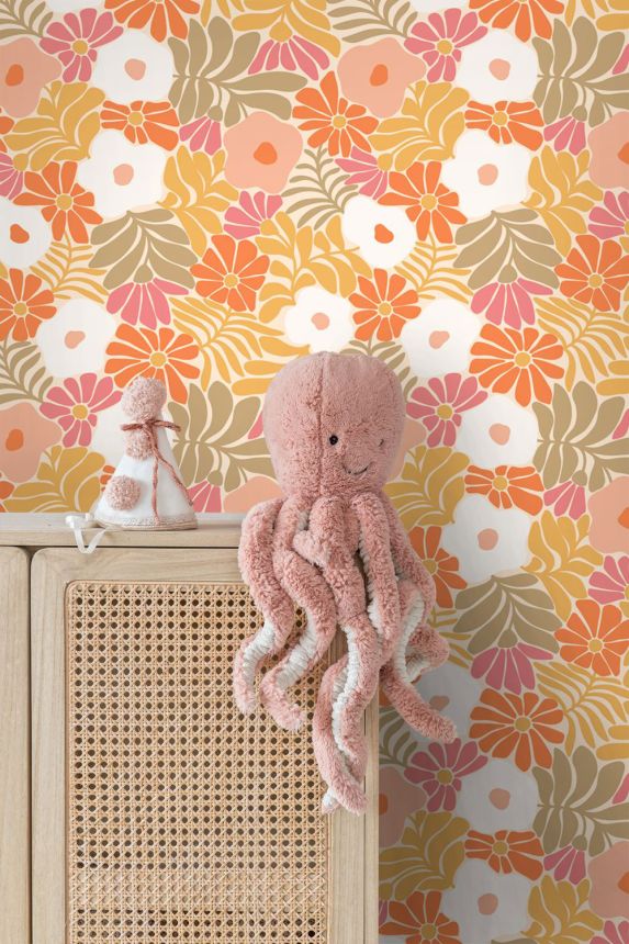Wallpaper with flowers and leaves, orange, brown, 131005, Color Pop, Esta Home