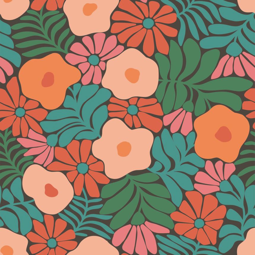 Wallpaper with flowers and leaves, green, red, 131008, Color Pop, Esta Home