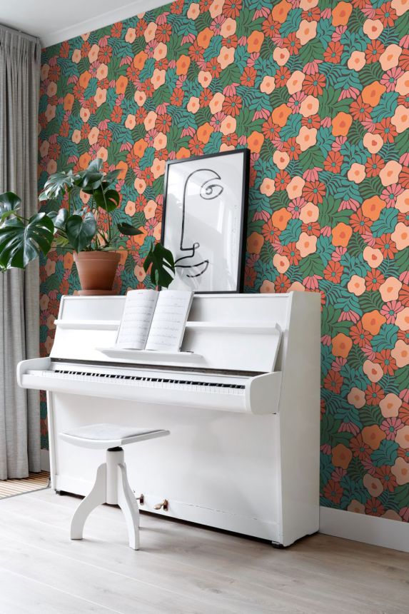 Wallpaper with flowers and leaves, green, red, 131008, Color Pop, Esta Home