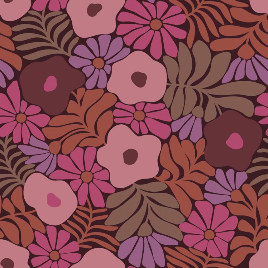 Wallpaper with flowers and leaves, burgundy, brown, 131136, Color Pop, Esta Home