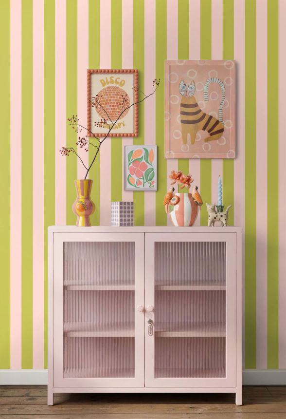 Striped Wallpaper, Pink, Green, 131574, Color Pop, Esta Home