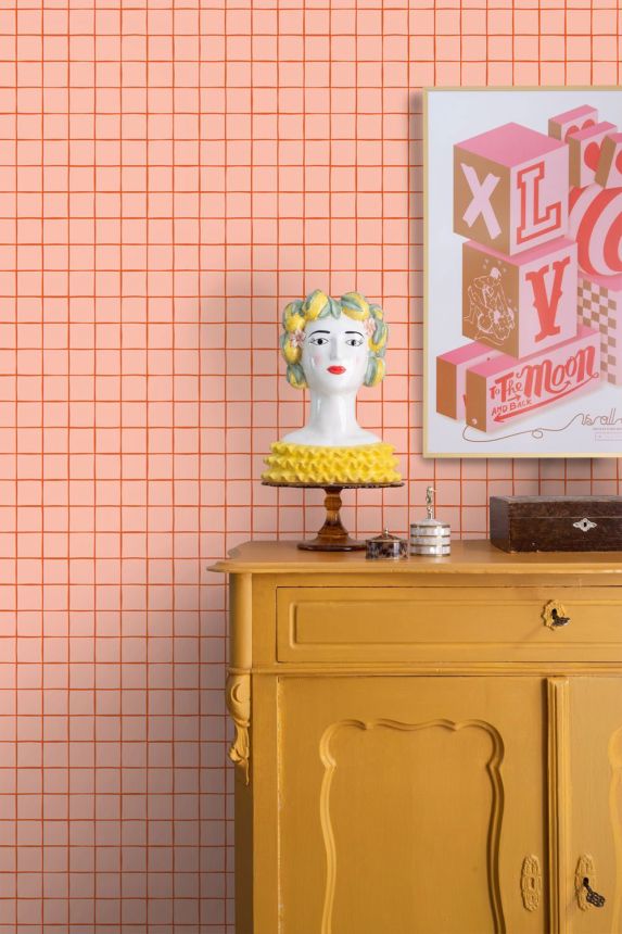 Grid-Patterned Wallpaper, Pink, Red, 131596, Color Pop, Esta Home