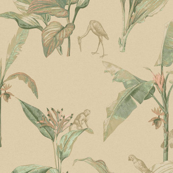 Non-woven beige wallpaper, palm leaves, birds, monkeys 317344, Oasis, Eijffinger