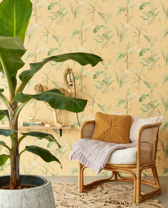 Non-woven ocher wallpaper, palm leaves, birds, monkeys 317343, Oasis, Eijffinger