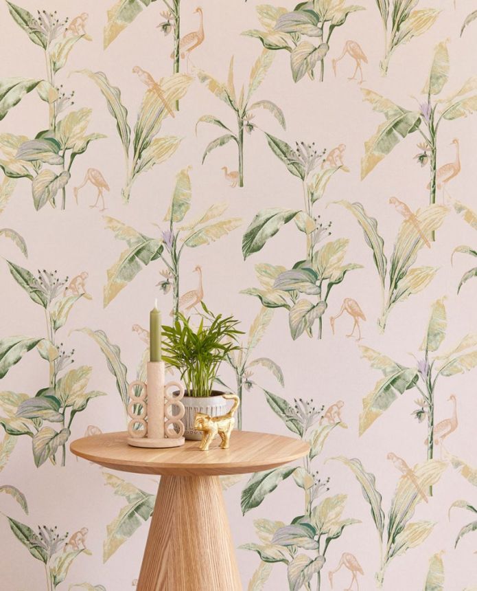Non-woven wallpaper, palm leaves, birds, monkeys 317342, Oasis, Eijffinger