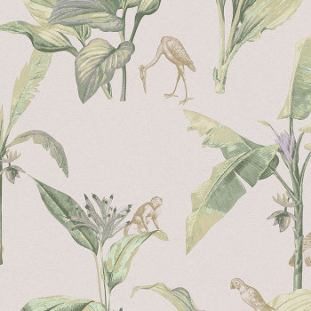 Non-woven wallpaper, palm leaves, birds, monkeys 317342, Oasis, Eijffinger