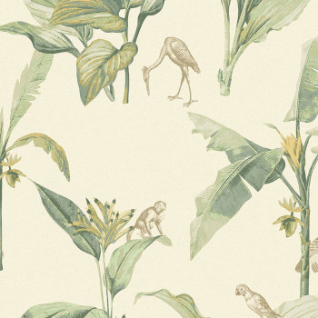 Non-woven cream wallpaper, palm leaves, birds, monkeys 317340, Oasis, Eijffinger