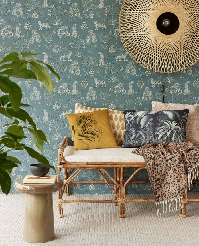 Blue non-woven wallpaper with trees, tigers and leopards 317315, Oasis, Eijffinger