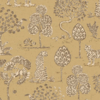 Ocher non-woven wallpaper with trees, tigers and leopards 317314, Oasis, Eijffinger