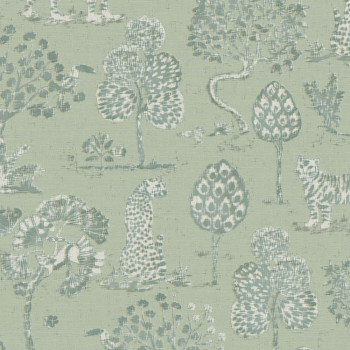 Green non-woven wallpaper with trees, tigers and leopards 317313, Oasis, Eijffinger