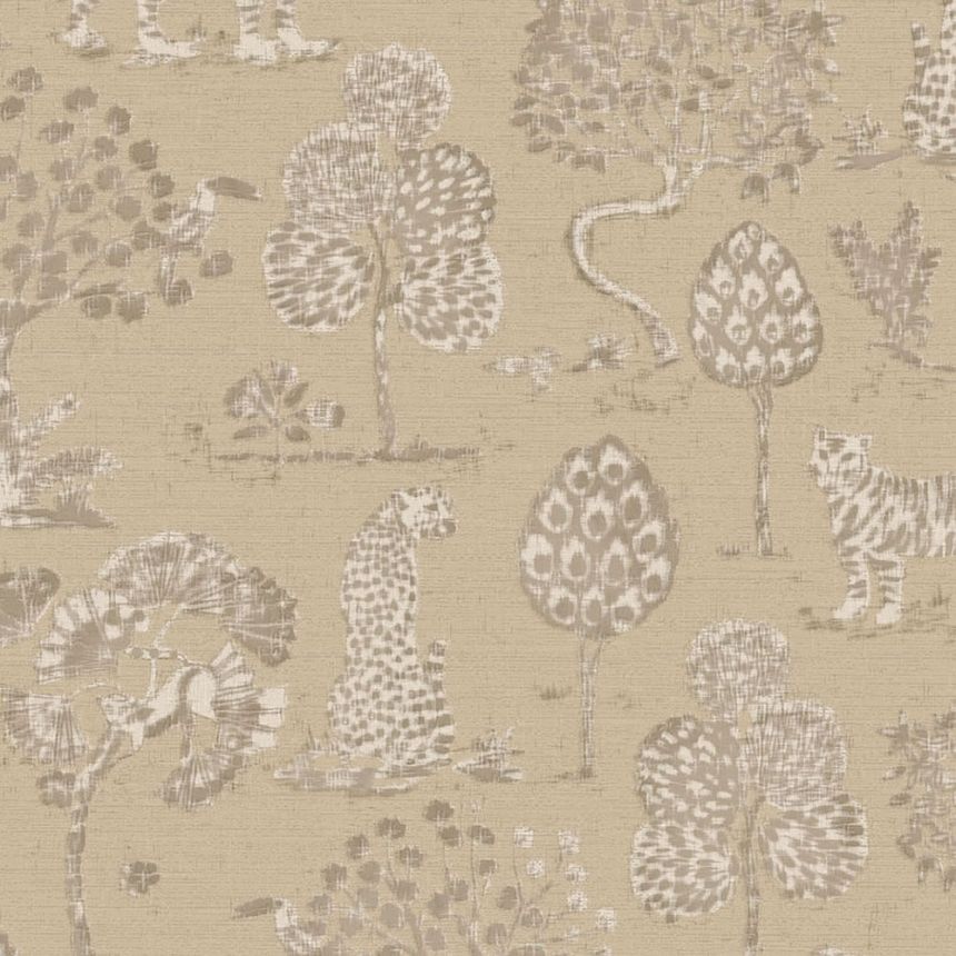 Brown-beige non-woven wallpaper with trees, tigers and leopards 317311, Oasis, Eijffinger