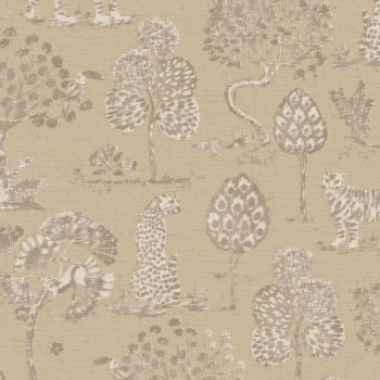 Brown-beige non-woven wallpaper with trees, tigers and leopards 317311, Oasis, Eijffinger