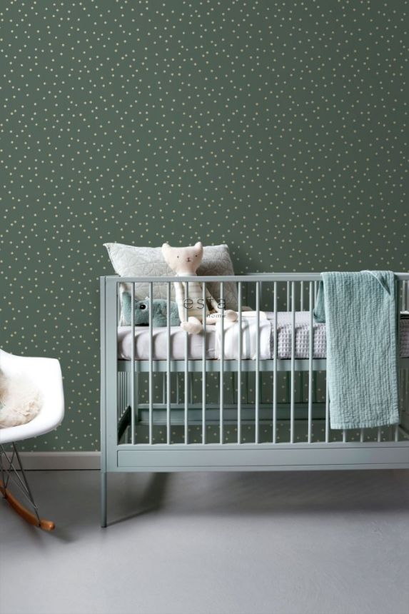 Non-woven wallpaper green, gold polka dots 139275, Forest Friends, Esta