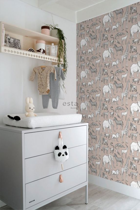 Old pink non-woven wallpaper Animals from Africa 139271, Forest Friends, Esta