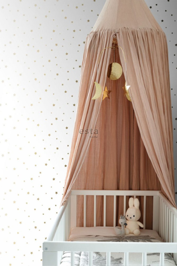 Non-woven white wallpaper with gold stars 139259, Forest Friends, Esta