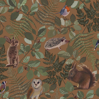 Brown non-woven children's wallpaper with forest animals 139251, Forest Friends, Esta