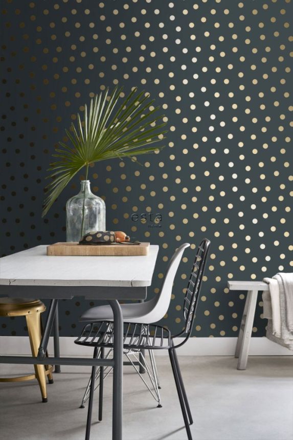 Gray-blue non-woven wallpaper with gold polka dots 139246, Forest Friends, Esta